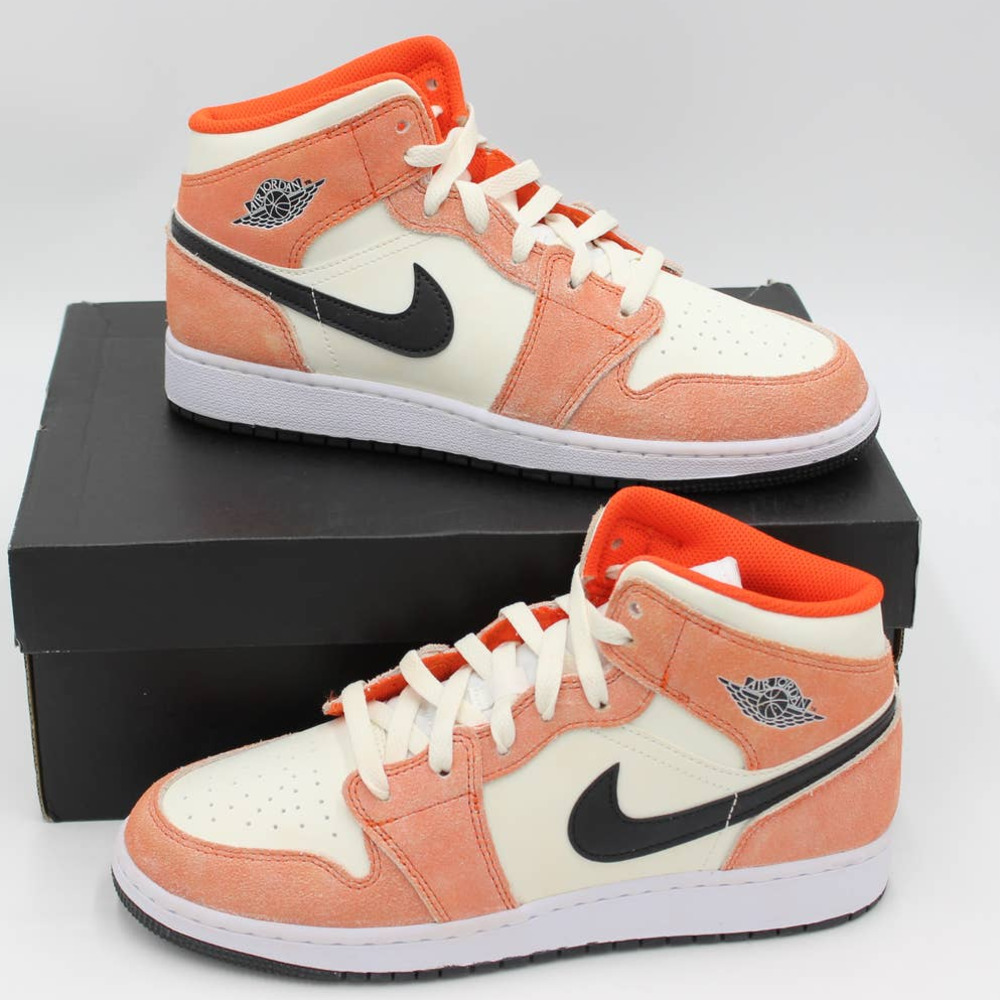 Air Jordan 1 Mid SE Orange Suede (GS) Black-Sail-White DV1336-800 Size 7Y